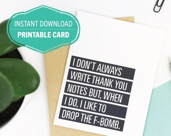 printable funny thank you card, digital download thank you card, funny thank you cards, inappropriate card, fuck thank you, adult humor card