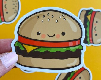 cheeseburger waterproof vinyl sticker, cute food decal for water bottle, junk food sticker, cute kawaii food sticker, burger sticker, gift