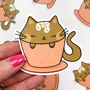 coffee cat sticker, cappuccino stickers, cute cat sticker kawaii, pun stickers, funny cat sticker, waterproof stickers for water bottles image 1