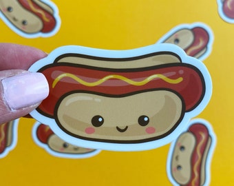 cute kawaii hotdog waterproof vinyl sticker for laptop, water bottle, notebook, car, or planner. junk food lover sticker