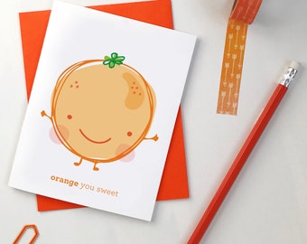 funny thank you card, orange thank you cards, orange fruit, cute thank you cards, pun card, pun greeting card, kawaii fruit, food pun cards