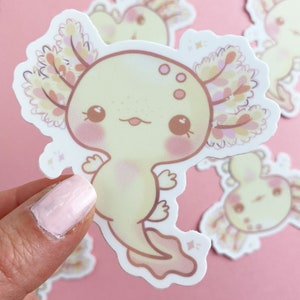 pink kawaii axolotl sticker waterproof, cute animal stickers for water bottle or phone case, vinyl decal for laptop, axolotl gift for kids