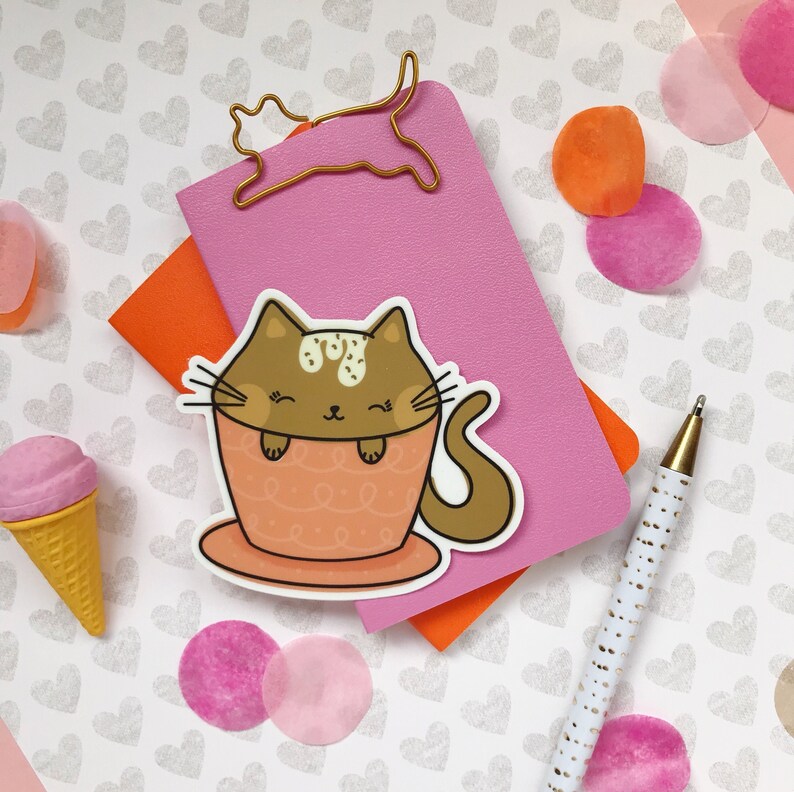 coffee cat sticker, cappuccino stickers, cute cat sticker kawaii, pun stickers, funny cat sticker, waterproof stickers for water bottles image 2