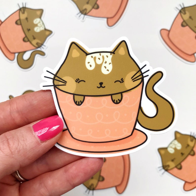coffee cat sticker, cappuccino stickers, cute cat sticker kawaii, pun stickers, funny cat sticker, waterproof stickers for water bottles image 1