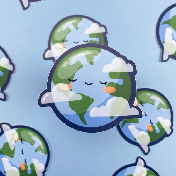 kawaii planet earth weatherproof vinyl sticker. cute happy planet laptop decal. mother earth. save the planet.