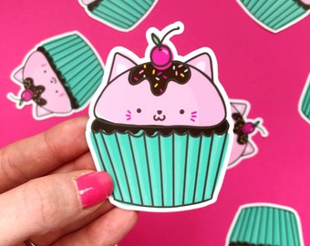 cupcake cat sticker, cute cat sticker kawaii, cat lover gift ideas, pun stickers, dessert sticker, waterproof stickers for water bottles,