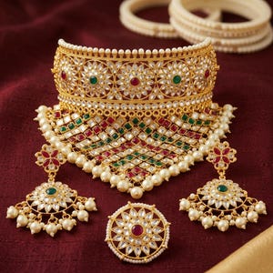 Royal Kundan Bridal Choker Set — Statement Necklace, Chandelier Earrings & Ring in Pearl, Ruby Emerald