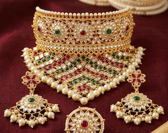 Royal Kundan Bridal Choker Set — Statement Necklace, Chandelier Earrings & Ring in Pearl, Ruby Emerald