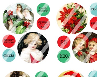 May include: A set of 12 printable Christmas themed circles featuring images of Santa Claus, children, holly, poinsettias, and text such as "Merry Christmas", "Jingle All The Way", and "Noel".