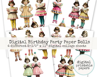 Digital Birthday Party Paper Dolls 8-1/2" x 11" Collage Sheet Collection