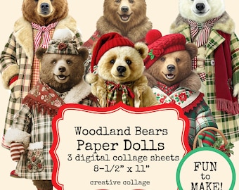 Digital Whimsical Woodland Bears Collage Sheet Collection