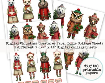Digital Christmas Creatures Paper Dolls Collection 3 Digital Christmas Paper Doll Collage Sheets