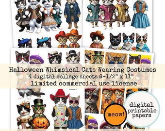 Digital Whimsical Halloween Cats in Costumes Digital Collage Sheet Collection