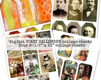 Hojas de collage de Halloween espeluznantes para imprimir digitalmente