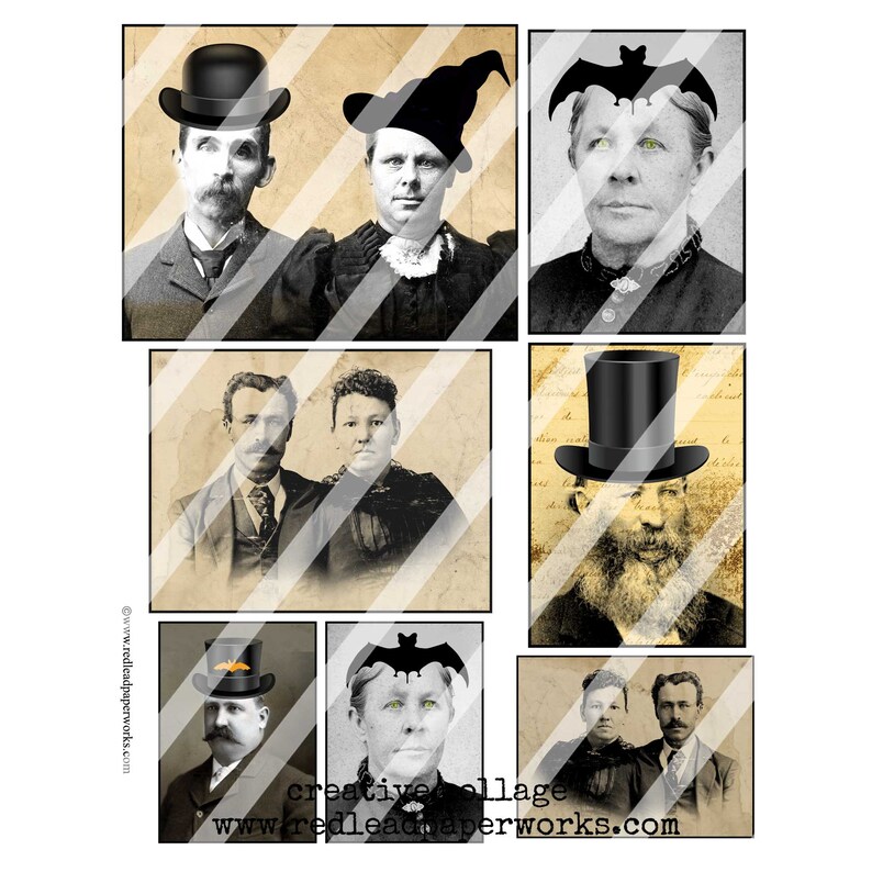 Puede incluir: Un collage de fotograf&iacute;as vintage con im&aacute;genes en blanco y negro de personas que llevan sombreros y otros accesorios. Las im&aacute;genes est&aacute;n superpuestas con un patr&oacute;n a rayas y algunas tienen un murci&eacute;lago u otro gr&aacute;fico de tem&aacute;tica de Halloween.