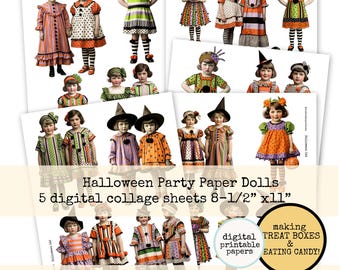 Colección de hojas de collage de muñecas de papel para fiesta de Halloween digital