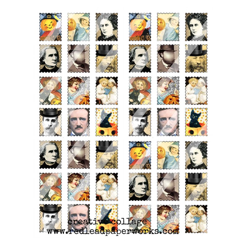 Puede incluir: Un collage de im&aacute;genes vintage con temas de Halloween, que incluyen calabazas, gatos negros y ni&ntilde;os disfrazados. Las im&aacute;genes est&aacute;n dispuestas en una cuadr&iacute;cula y tienen un aspecto desgastado y antiguo. El texto "creativ collage www.redleadpaperworks.com" est&aacute; en la parte inferior del collage.