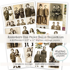 Collezione di fogli collage di bambole di carta Digital Ancestors One