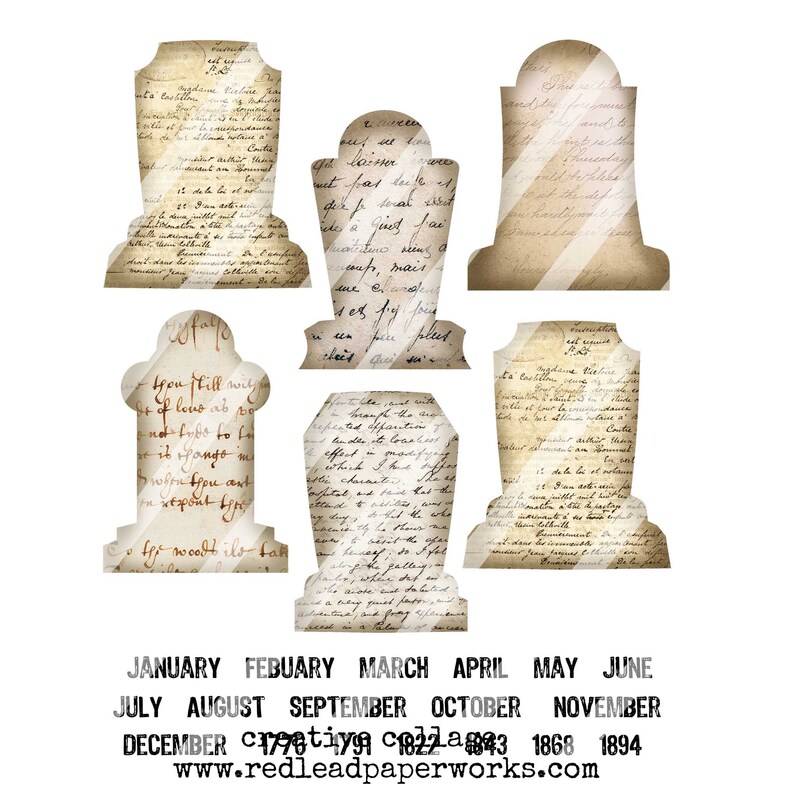 Puede incluir: Seis etiquetas de papel en forma de l&aacute;pida de estilo vintage con texto escrito a mano y un patr&oacute;n a rayas. Las etiquetas est&aacute;n etiquetadas con los meses del a&ntilde;o, de enero a junio, y los a&ntilde;os 1776, 1822, 1843, 1868 y 1894.