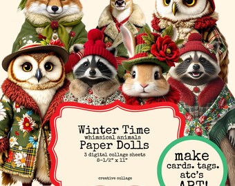 Digital Whimsical Winter Time Animals Collage Sheet Collection