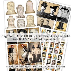 Puede incluir: Cuatro hojas de collage digital con tem&aacute;tica de Halloween. Las hojas presentan im&aacute;genes de l&aacute;pidas de estilo vintage, brujas y otros personajes espeluznantes. Las hojas miden 21,6 cm por 27,9 cm.