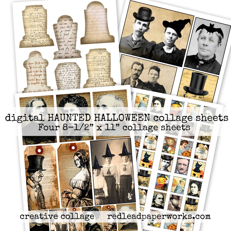 Puede incluir: Cuatro hojas de collage digital con tem&aacute;tica de Halloween. Las hojas presentan im&aacute;genes de l&aacute;pidas de estilo vintage, brujas y otros personajes espeluznantes. Las hojas miden 21,6 cm por 27,9 cm.