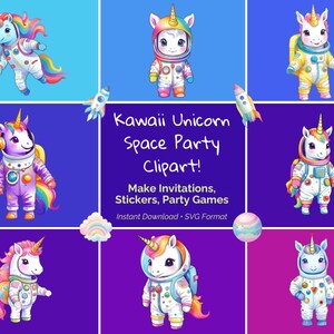 Licorne arc-en-ciel astronaute SVGs - animaux de l'espace kawaii, planètes, fusées et nuages pour décoration de fête, invitations et autocollants imprimables