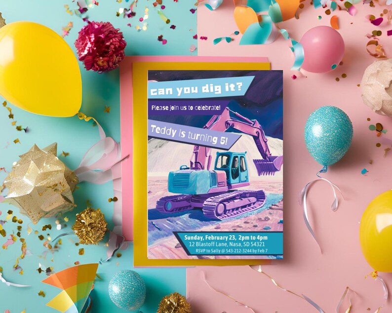 Editable Space Construction Birthday Invitation, Any Age Excavator