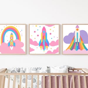 Rainbow Rocket Prints: Kids Room Decor, Set of 3 (Digital Download)