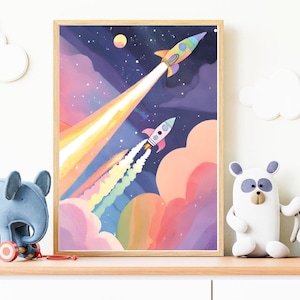 Rainbow Rocketship Nursery Print: Kids Room Space Art (Digital Download)