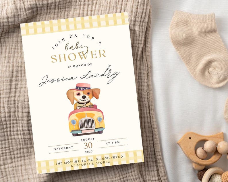 Baby Shower Invitation, Thank You Set Templates Vintage Car Gingham Dog