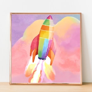 Rainbow Rocketship Print: Kids Space Nursery Art (PNG & PDF)