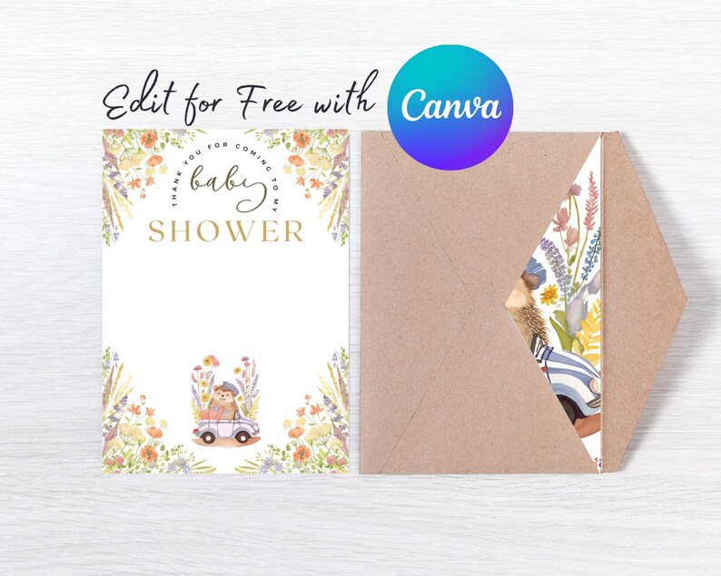 Baby Shower Thank You Card Template Woodland Wildflower Hedgehog