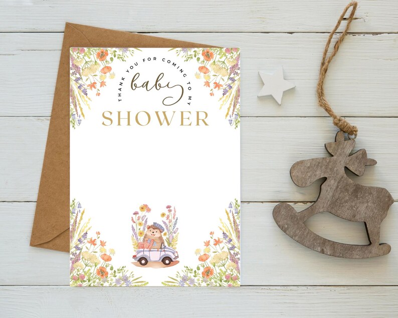 Baby Shower Thank You Card Template Woodland Wildflower Hedgehog