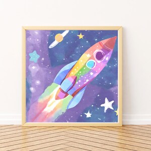 Rainbow Rocketship Print: Kids Space Nursery Decor (PNG & PDF)