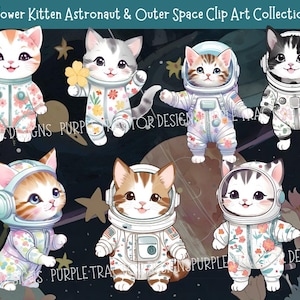 Capricieuze bloemen kitten astronaut ruimte clipart: kinderkamerdecor png-download voor kinderkamer