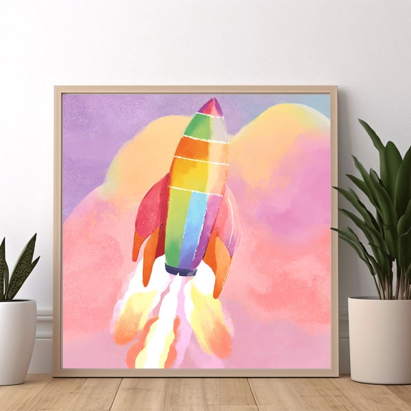 Rainbow Rocket in Space: Kids Room, Nursery, Classroom, Baby Shower, gift, Home Decor, PRINTABLE Wall Art,  Vehicle Art, Space ship, planets