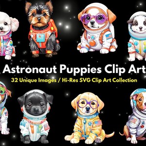 Grillige astronaut puppy SVG clipart-bundel: ruimtethema digitale kunst voor kinderkamerinrichting en hondenliefhebbers, illustraties, kunst aan de muur, afdrukbare regenboog