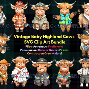 Niedliche Baby Highland Kuh SVG - Verkleidet als Astronauten, Piloten, Rennfahrer, Feuerwehrmänner + Bonus Autos, Züge, Lastwagen für das Basteln & für Kinder PNGs