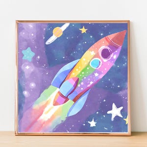 Rainbow Rocketship Print: Kids Space Nursery Decor (PDF & PNG)