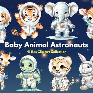 Clipart ruimtedieren: grillige astronaut png-bundel voor decor kinderkamer en digitale kunst, collectie babydieren, planeten, raket, afdrukbaar