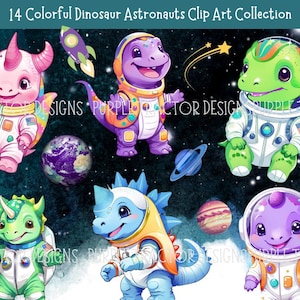 Colección de imágenes prediseñadas de astronautas y dinosaurios brillantes y extravagantes: paquete de aventuras espaciales para guarderías y habitaciones de niños, manualidades para niños pequeños