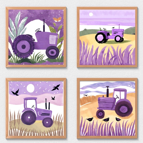 Purple Tractor at the Beach Square print set, Trucks, Vehicle Wall Art, Nursery, Print Set, Boy, Girl, Kids Room decoration