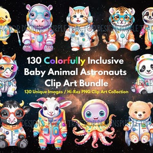 130 Baby Animal Astronauts – Inclusive Space Clip Art Bundle| Diverse & Adorable Astronaut Animals | High-Resolution PNG | Instant Download