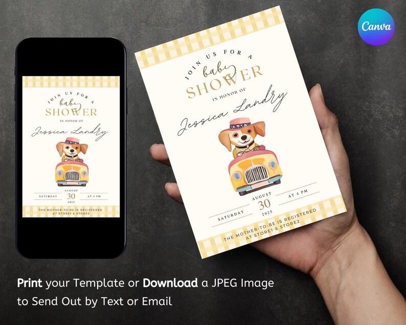 Baby Shower Invitation, Thank You Set Templates Vintage Car Gingham Dog