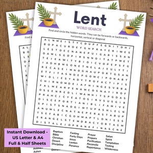 May include: Two word search puzzle sheets with the word "Lent" at the top. The puzzles are on white paper with a wooden cross and purple ribbon in the background. The puzzles have a list of words to find.