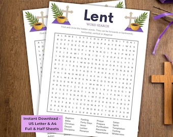 Lent Word Search, Printable Bible Game, Adult Teen Sunday School Work, Youth Group Games, Word Find, Brain Teaser Puzzle, Lenten Activities