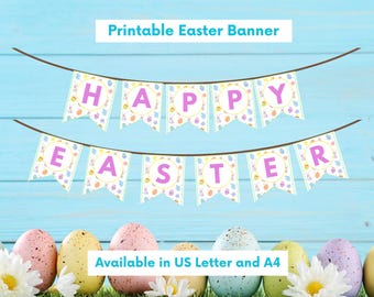 Happy Easter Bunting Banner Backdrop Sign, Easter Eggs, Flowers and Bunny in Bright Pastels, US Letter & A4, Digital Printable
