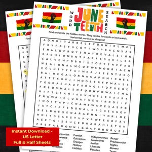 Pode incluir: Três folhas de quebra-cabeças de palavras do Juneteenth no tamanho US Letter. Cada folha tem uma grade de busca de palavras, as palavras a serem encontradas e um gráfico de um punho erguido nas cores da bandeira pan-africana. O texto diz "Encontre e circule as palavras ocultas."