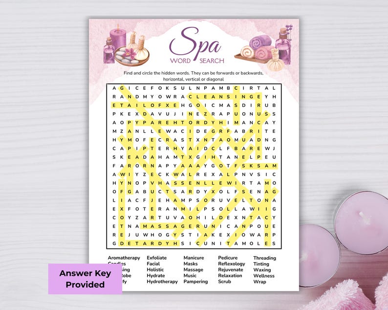 Spa Time Words Spa Word Search, Printable Self Care Basket or Spa Gift Box Game ...